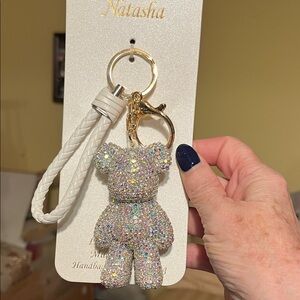 Natasha Couture Glittering Bear Keychain - White and Gold